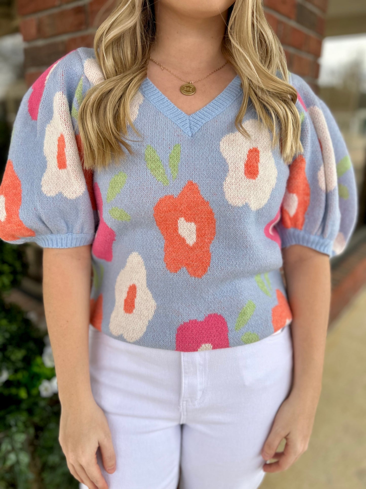 Feeling Retro Floral Pattern Puff Sleeve Sweater Top