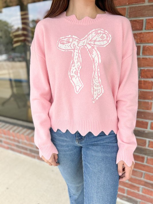 Sugar On Top Pink Appliqué Bow Sweater
