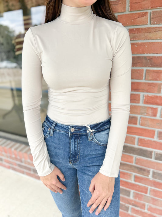 Sand Beige Mock Neck Long Sleeve Bodysuit