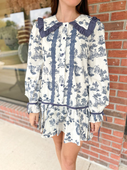 Navy Toile Ruffle Collar Mini Dress