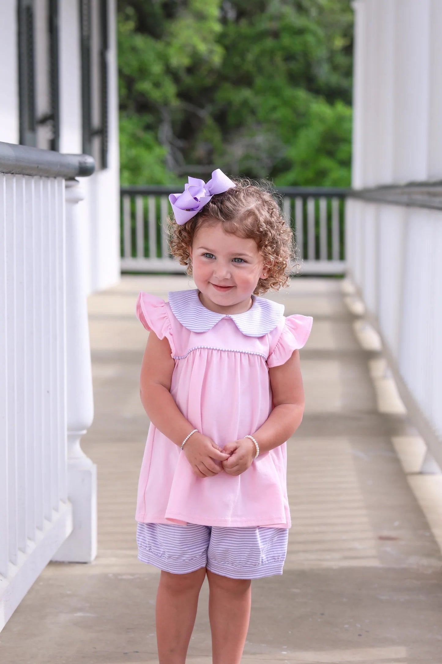 Genevieve Banded Short Set - Lavender Stripe/Light Pink