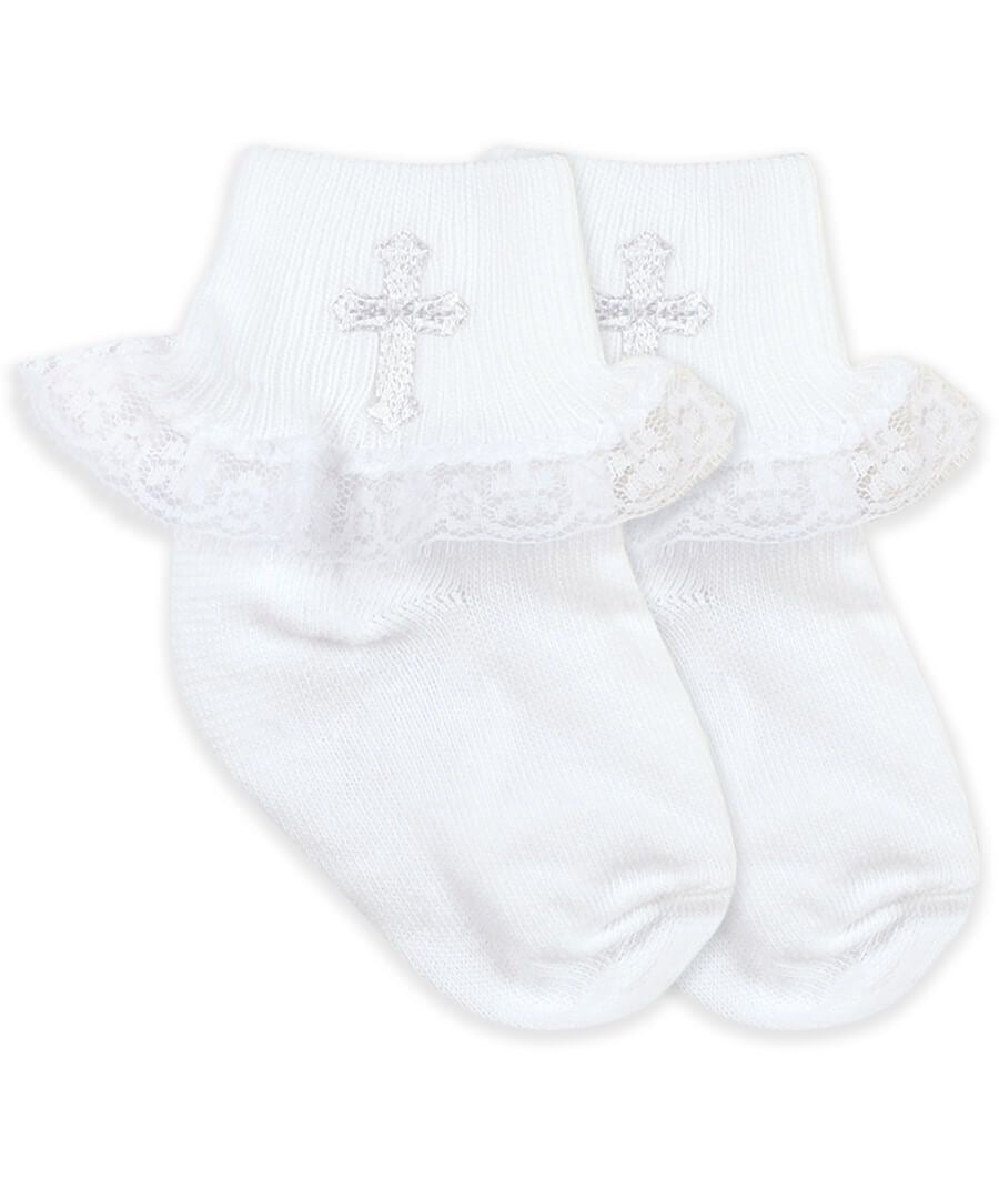 Smooth Toe Christening Lace Socks 1 Pair - Pearl White