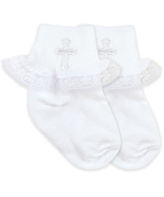 Smooth Toe Christening Lace Socks 1 Pair - Pearl White