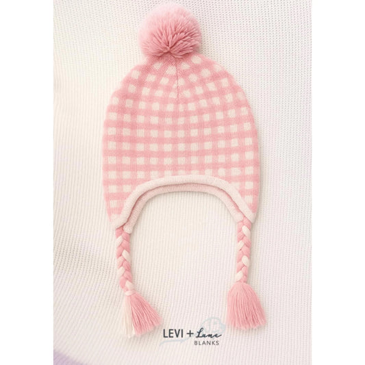 Pink Gingham Ear Flap Knit Hat
