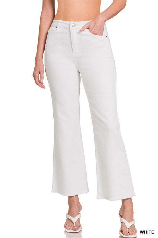 White Acid Washed High Waist Frayed Hem Bootcut Pants