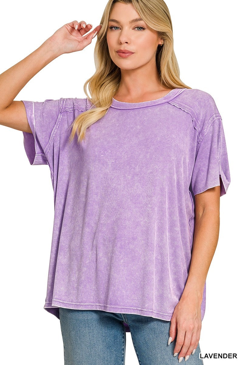 Lavender Washed Ribbed Short Sleeve Boat-neck Top