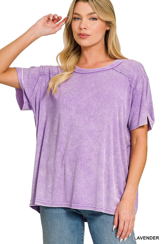 Lavender Washed Ribbed Short Sleeve Boat-neck Top