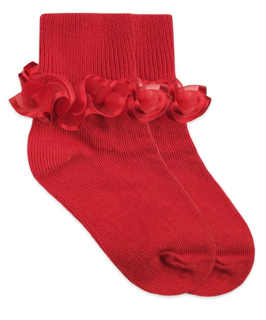 Frilly Ruffle Lace Turn Cuff Socks 1 Pair - Red