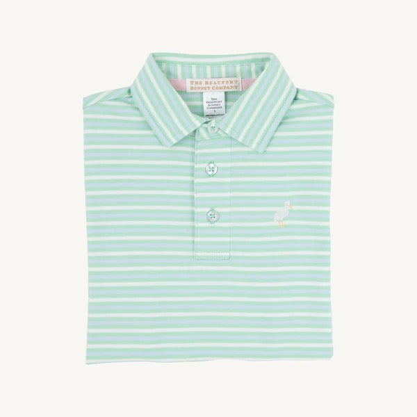 Summer County Stripe (Grace Bay Green) with Multicolor Stork Prim & Proper Polo & Onesie