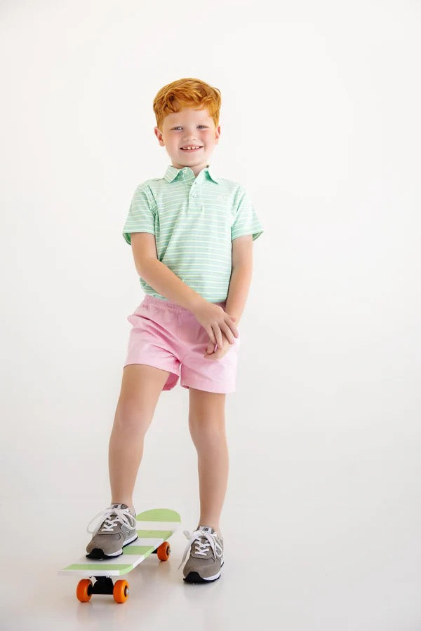 Summer County Stripe (Grace Bay Green) with Multicolor Stork Prim & Proper Polo & Onesie