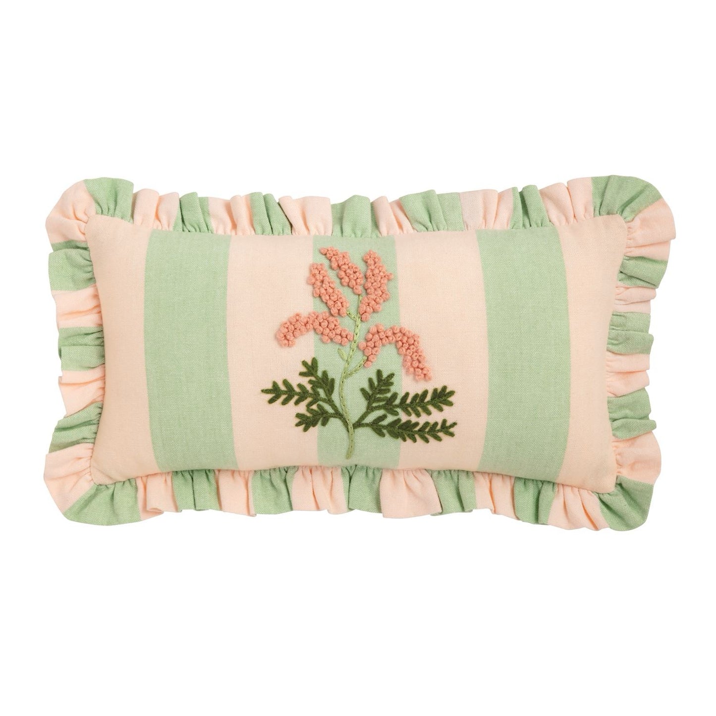 Green Check Ruffle Floral Embroidered Pillow