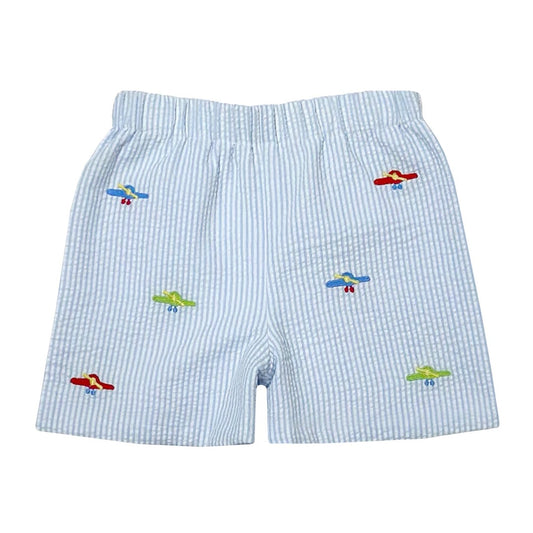 Light Blue Stripe Seersucker Airplane Leo Shorts