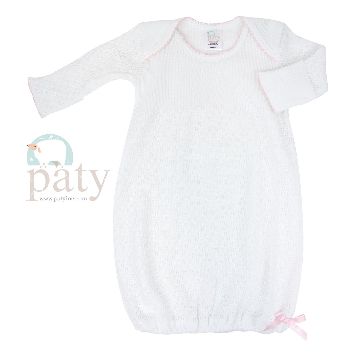Paty White Knit Gown With Pink Trim