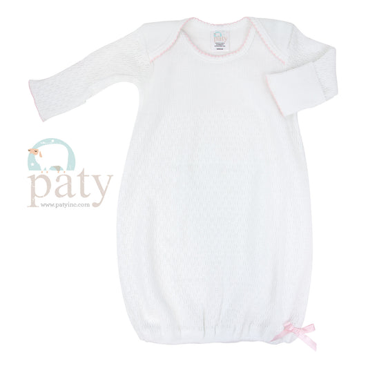 Paty White Knit Gown With Pink Trim