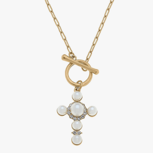 Frances Pearl & Rhinestone Cross Necklace