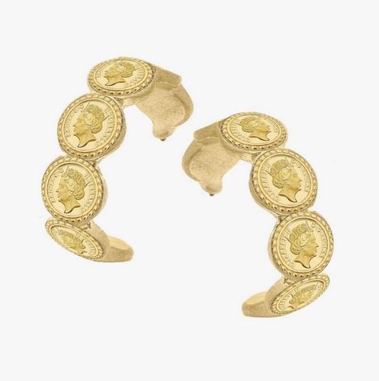 Queen Elizabeth Gold Coin Hoop Earrings