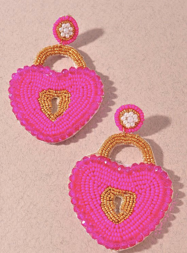 Pink Heart Shape Lock Beaded Earrings