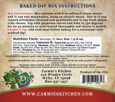 Carmie's Baked Spinach Artichoke Dip Mix