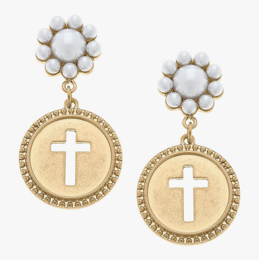 Candace Coin Cross Pearl Earrings