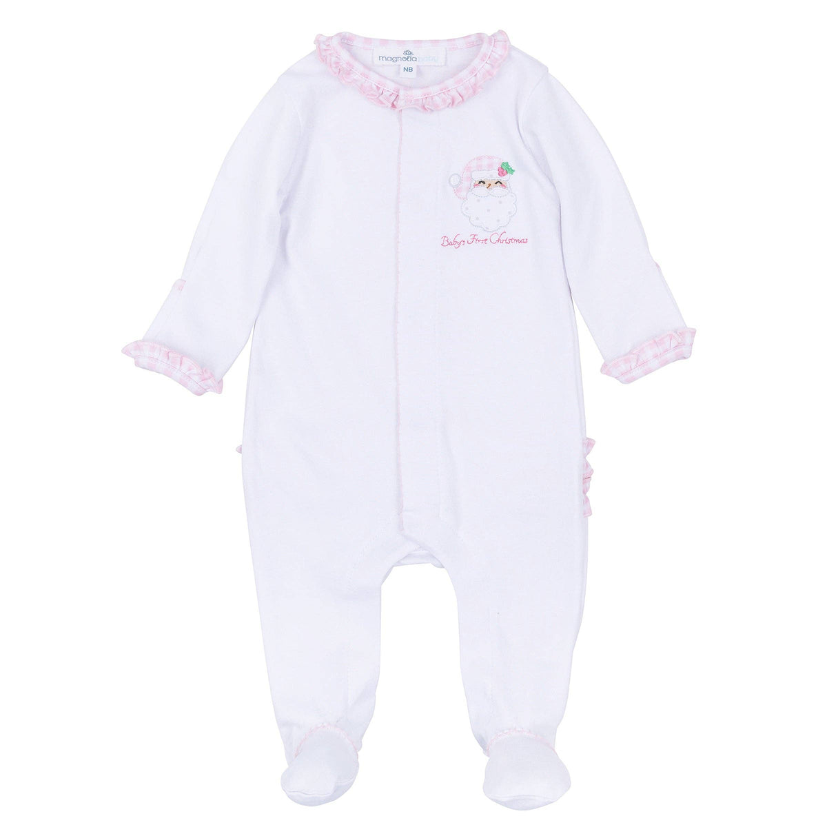 Pink Sweet St. Nick Applique Baby's First Christmas Ruffle Footie