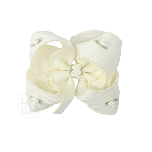 3.5" Flower Embellished Crochet Edge Hair Bow: Antique White w/ Antique White Edge