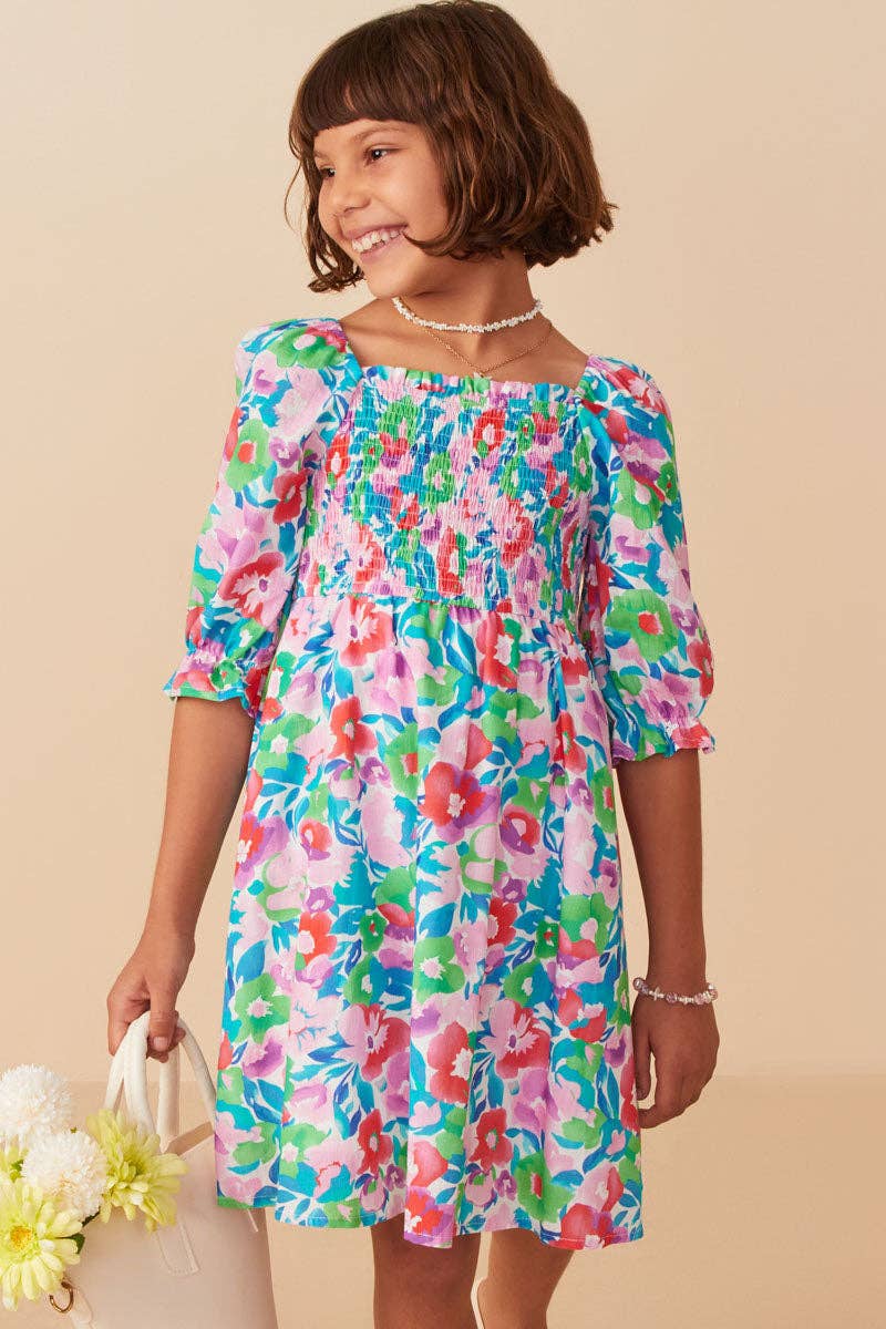 Girls Vivid Floral Smocked Long Sleeve Dress