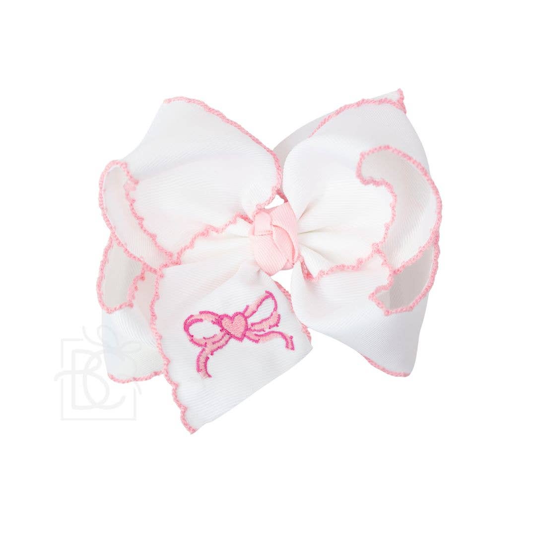 4.5" Embroidered Heart Bow Crochet Edge Hair Bow: White w/ Light Pink Edge