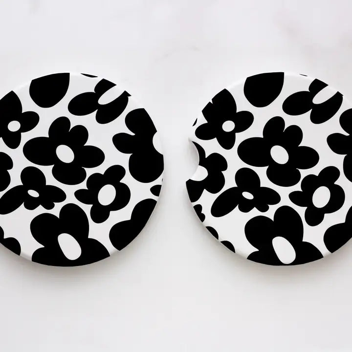 Black Retro Flower Neoprene Car Coasters