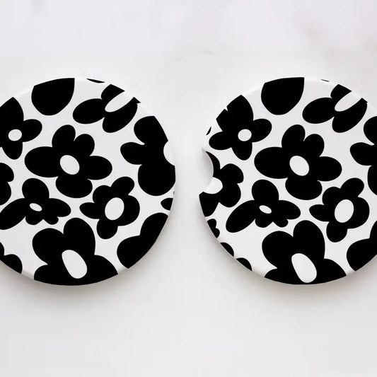 Black Retro Flower Neoprene Car Coasters