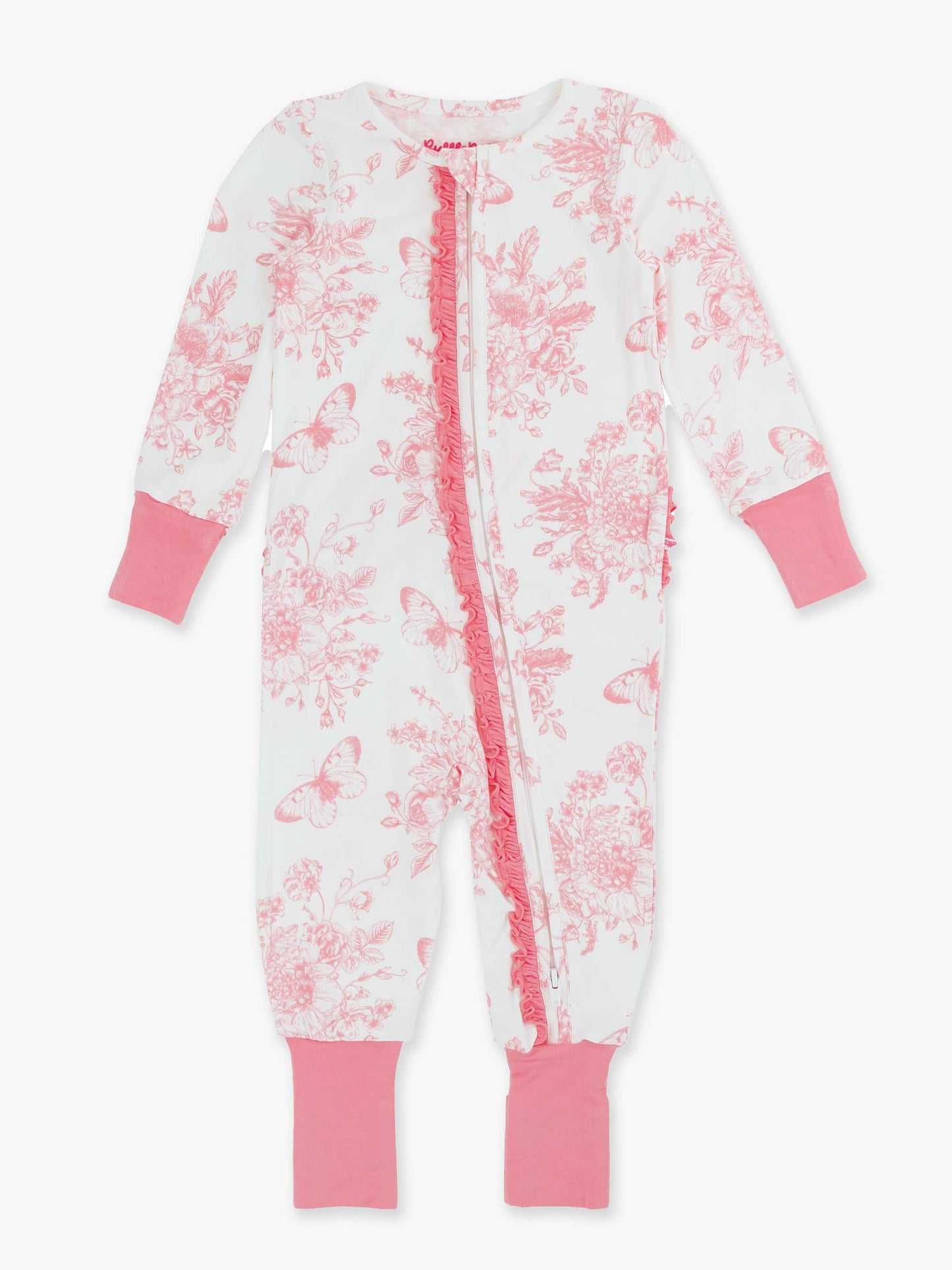 Bamboo Pink Butterfly Garden Toile Convertible Ruffle Footie Sleeper