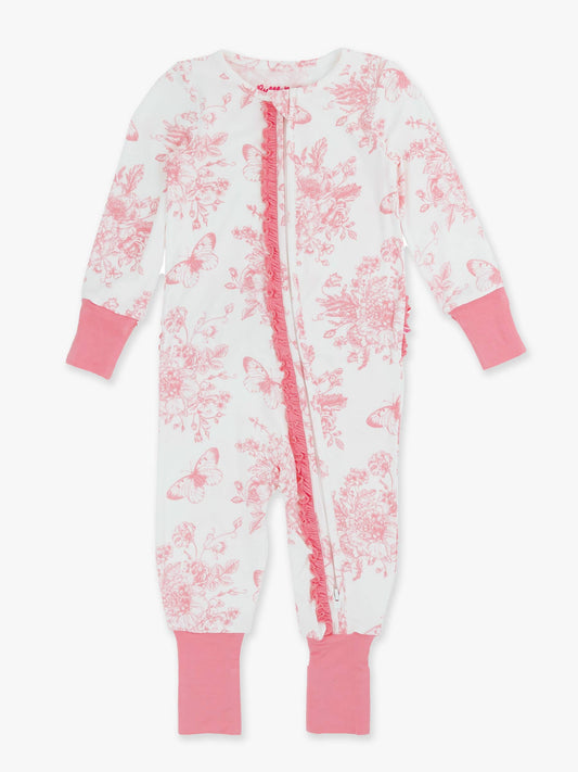 Bamboo Pink Butterfly Garden Toile Convertible Ruffle Footie Sleeper