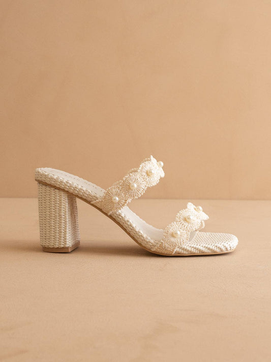The Helena | Ivory Raffia Block Heel Sandal with Pearls
