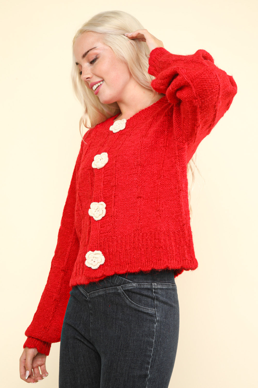 Holiday Cheer Red Floral Button Cardigan