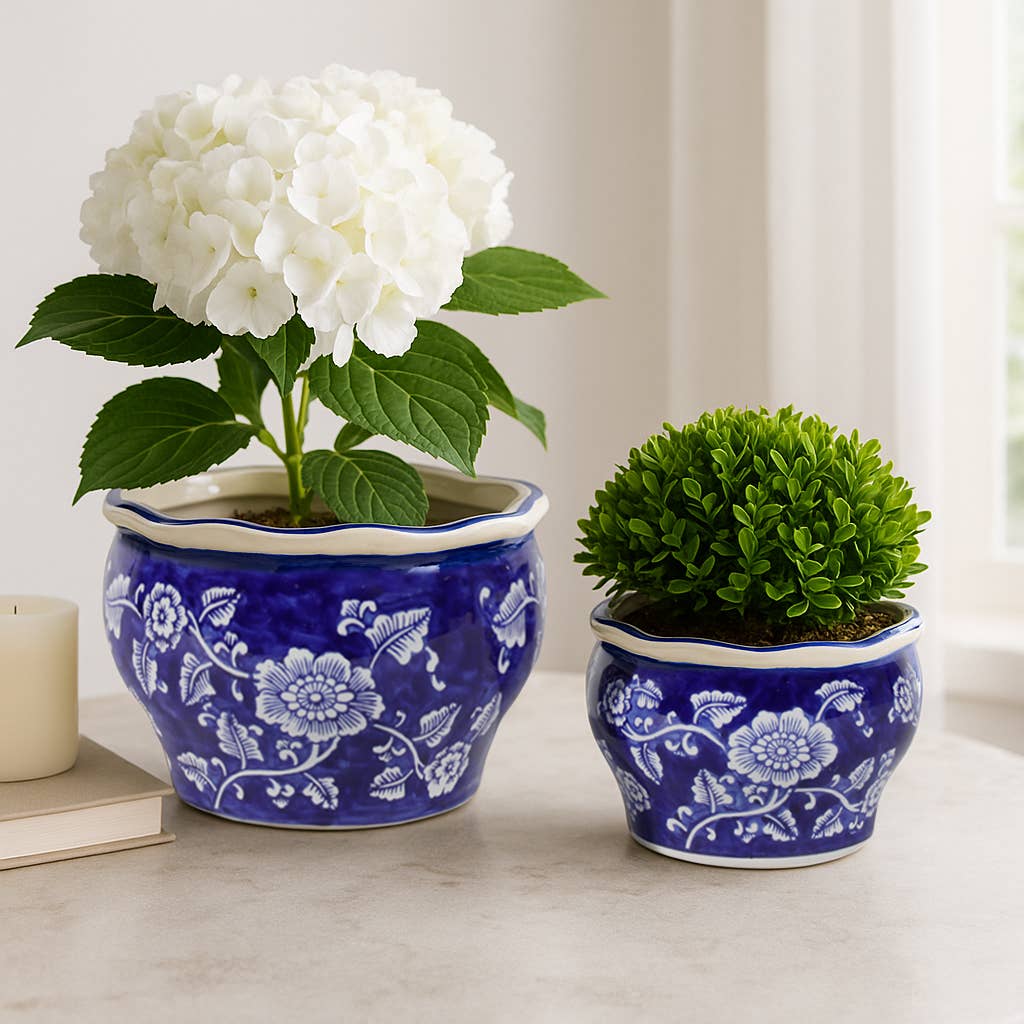 Large Blue Ceramic Chinoiserie Floral Planter