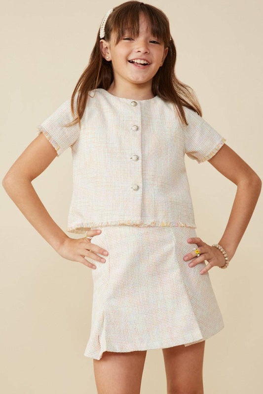 Girls Button Detail Tweed-Look Blouse