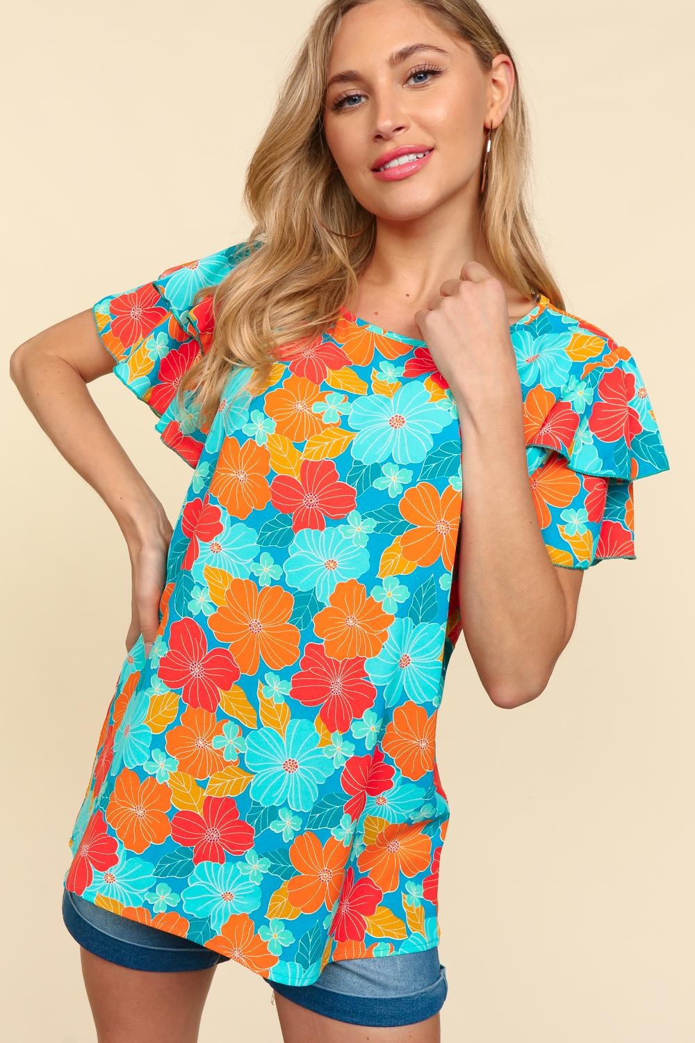 Ride The Wave Blue & Orange Floral Top