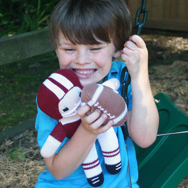 Maroon & White Crochet Football Player Rattle