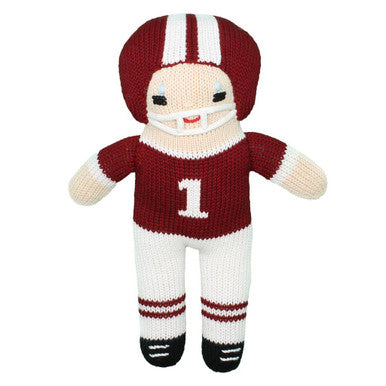 Maroon & White Crochet Football Player Rattle