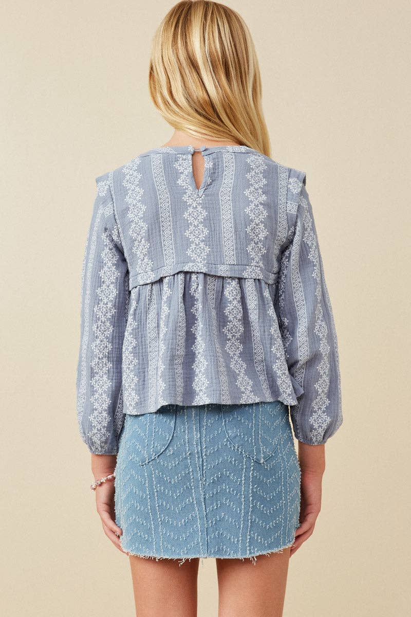 Girls Dusty Blue Smocked Long Sleeve Top