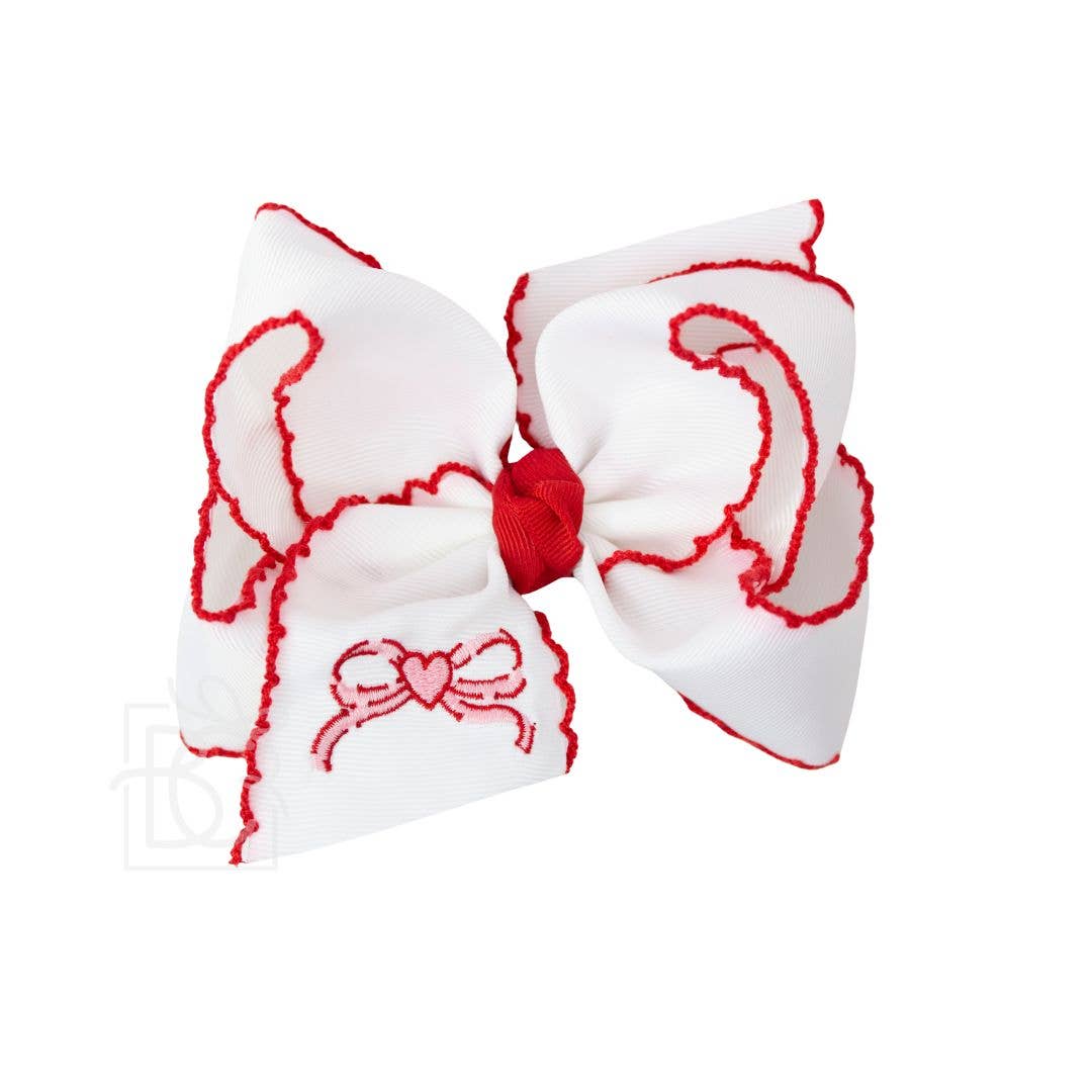 4.5" Embroidered Heart Bow Crochet Edge Hair Bow: White w/ Red Edge