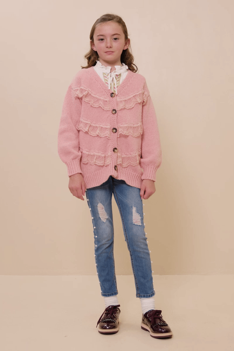 Girls Cream Lace Detail Cardigan