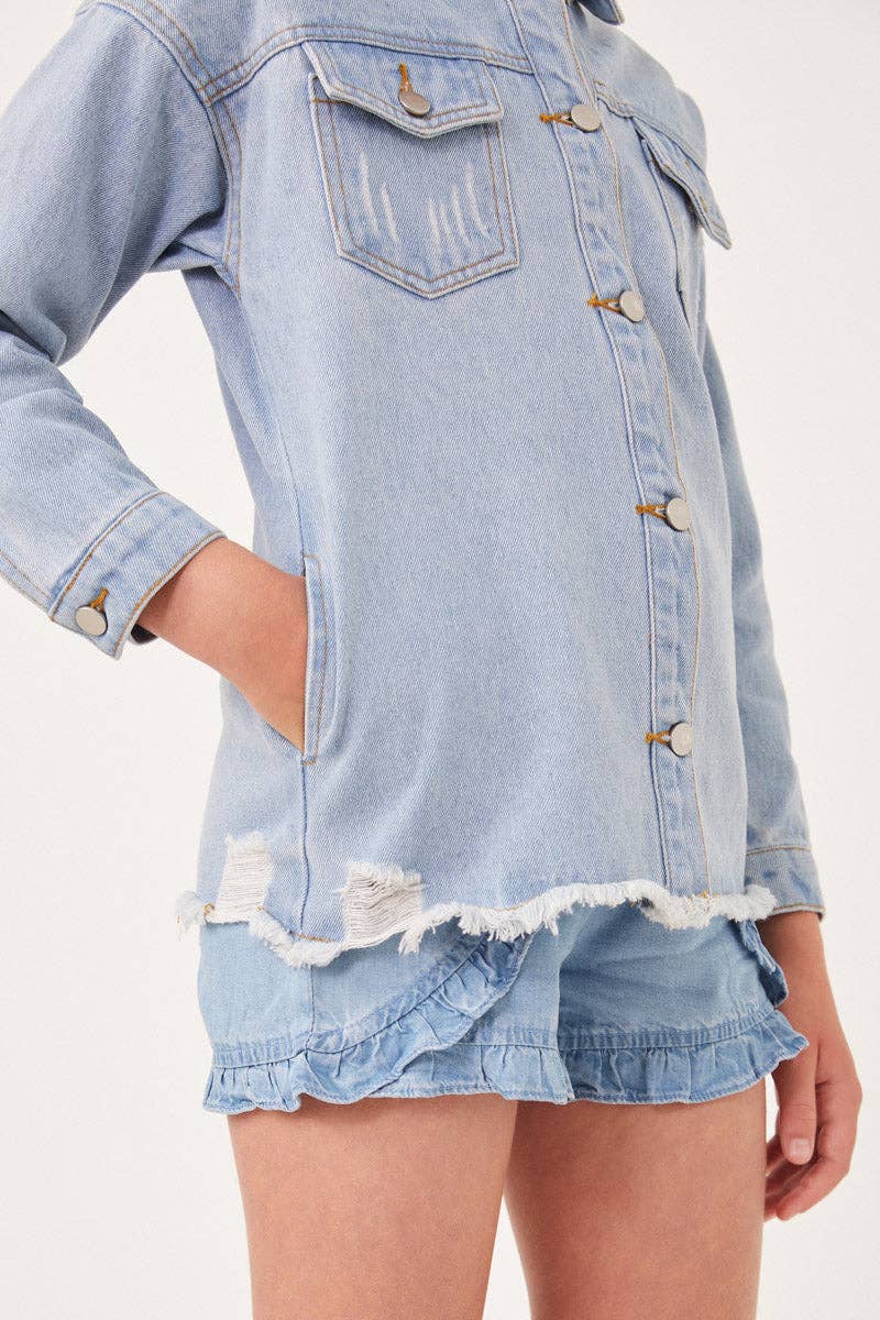 Girls Distressed Oversized Denim Shirt
