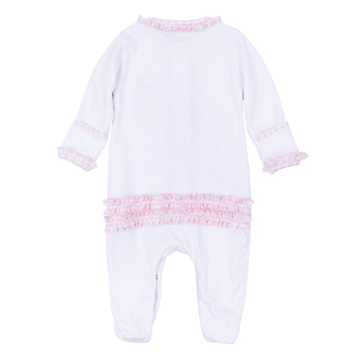 Pink Sweet St. Nick Applique Baby's First Christmas Ruffle Footie