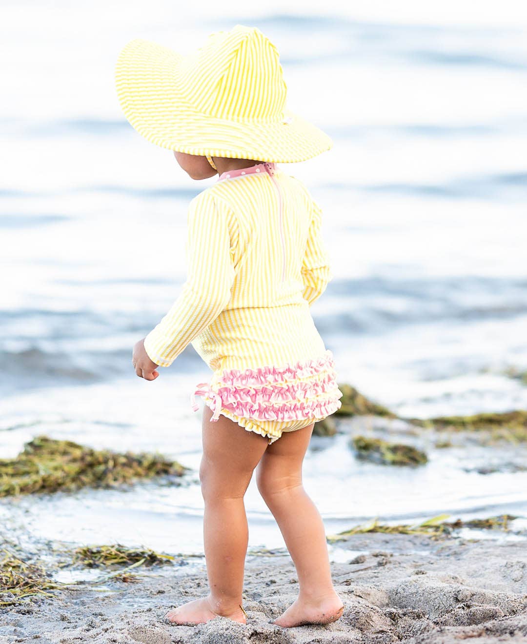 Baby Girls Banana Seersucker Long Sleeve One Piece Rash Guard Swimsuit