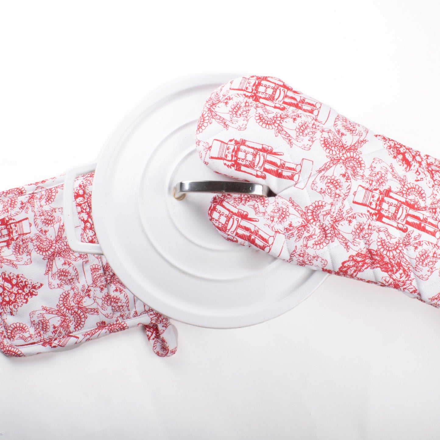 Red Nutcracker Toile Oven Mitt Set