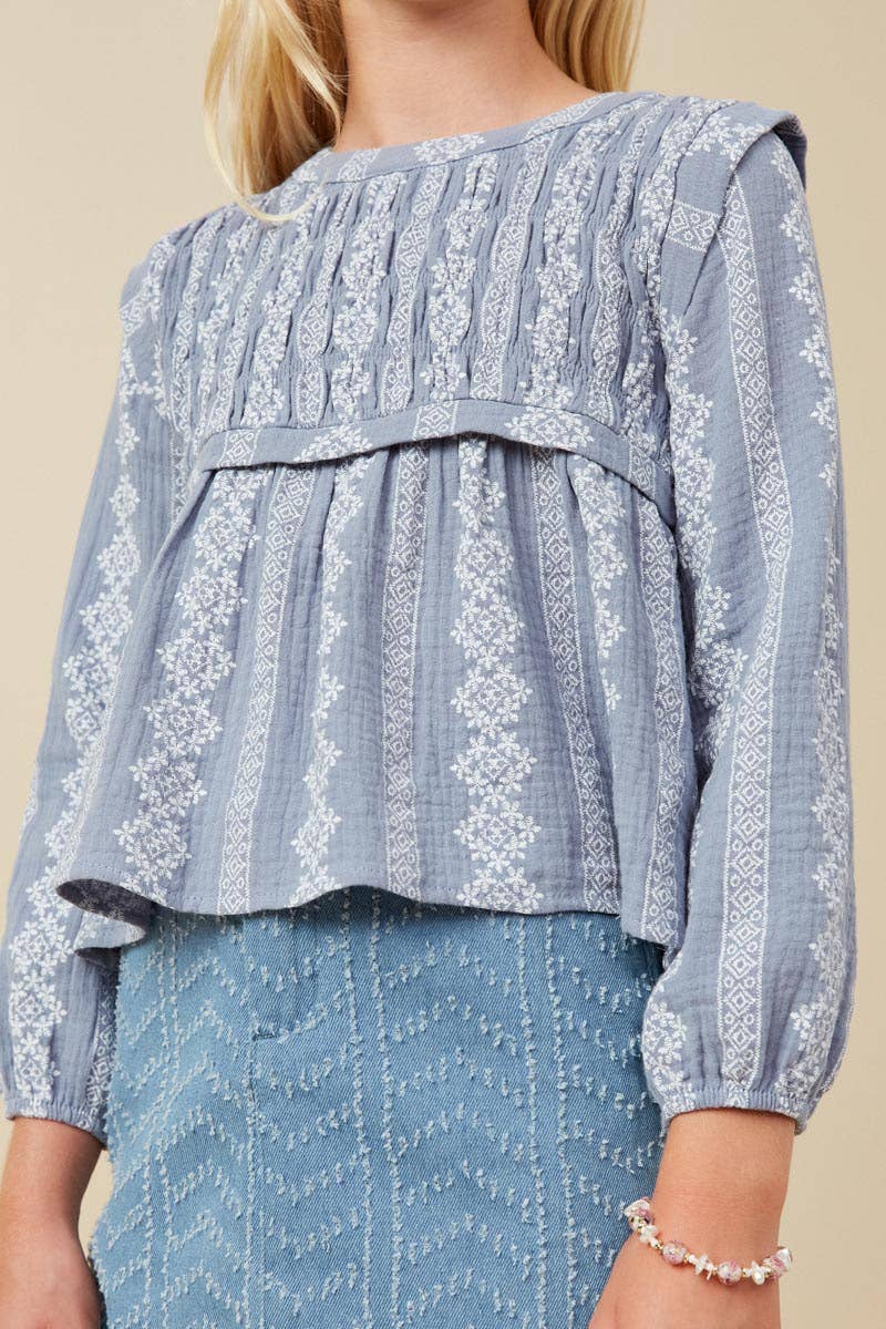 Girls Dusty Blue Smocked Long Sleeve Top