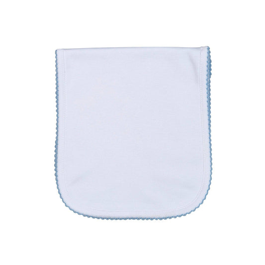 White Burping Pad Blue Picot Trim