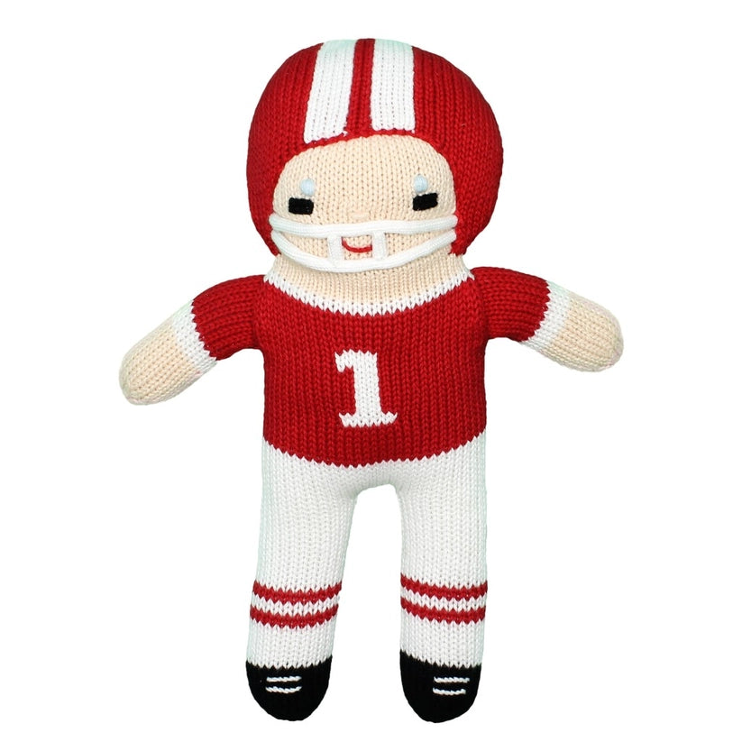 Red & White Crochet Football Player Rattle