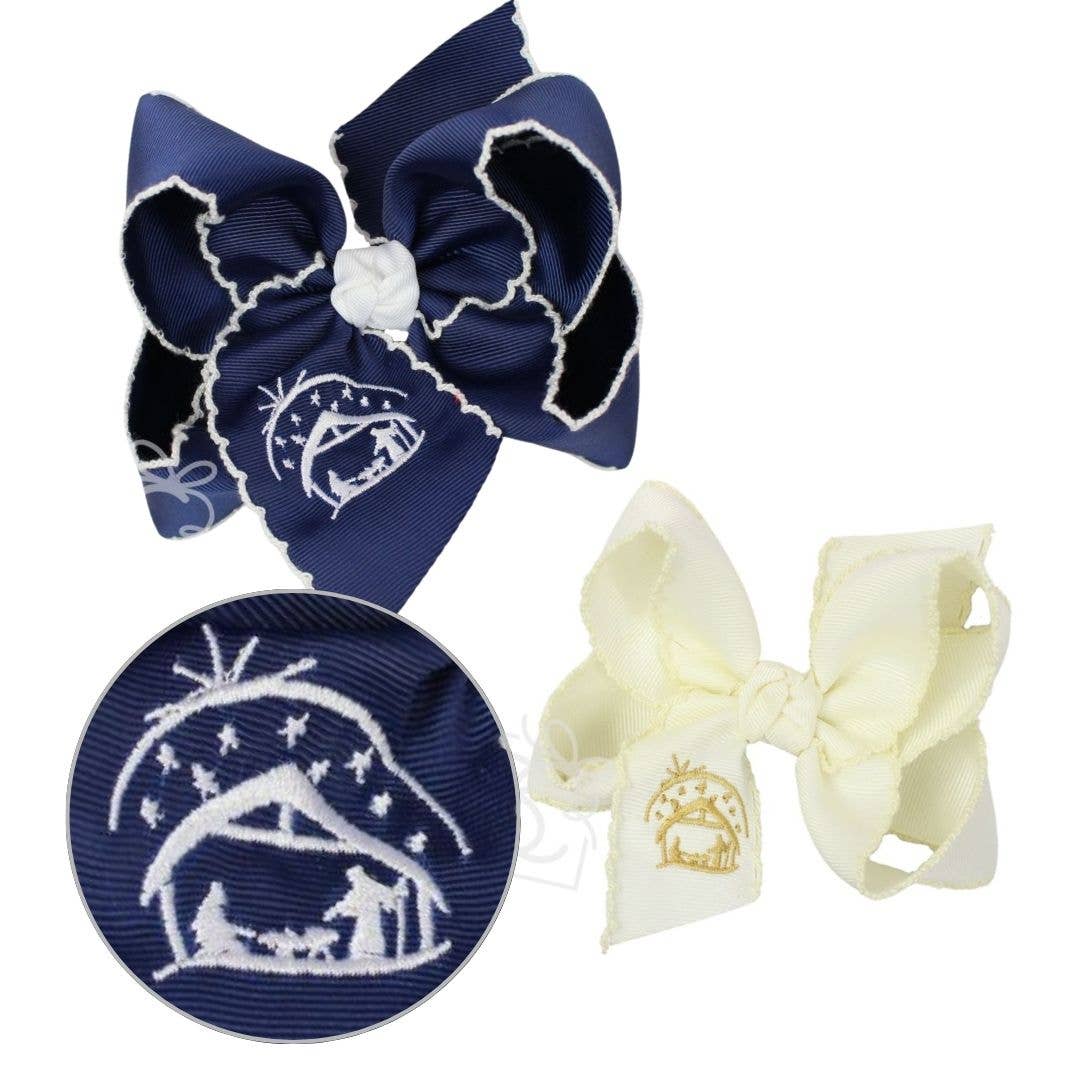4.5" Embroidered Nativity Crochet Edge Hair Bow