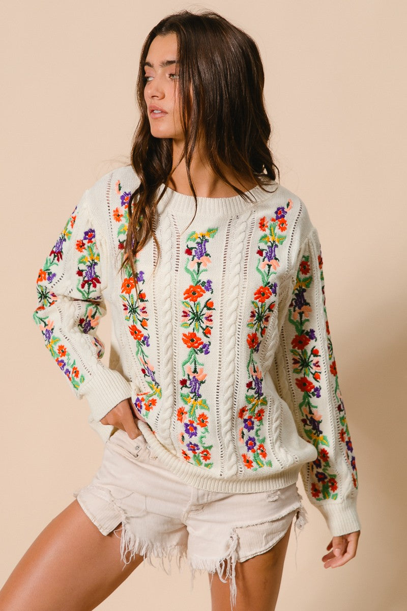 Buy Me Flowers Ivory Embroidered Sweater